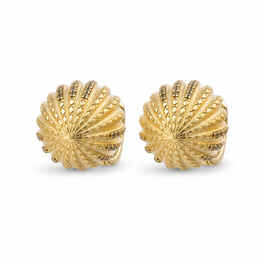 14KT Gold Earrings Medium Plain "X" Striped Acorn with White CZ Stones, Push Back Post, and Butterfly Backs