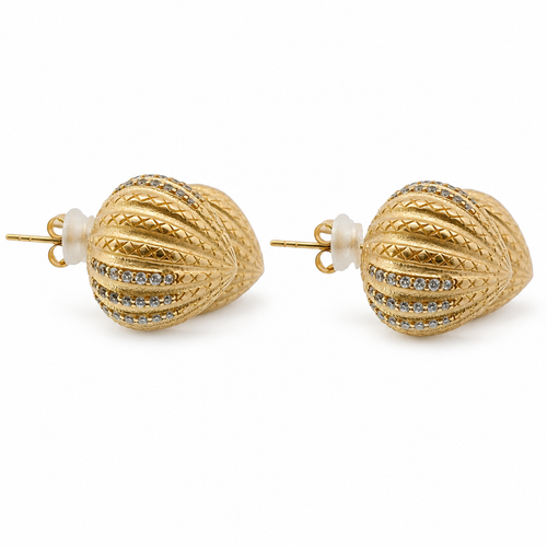 14KT Gold Earrings Medium Plain "X" Striped Acorn with White CZ Stones, Push Back Post, and Butterfly Backs