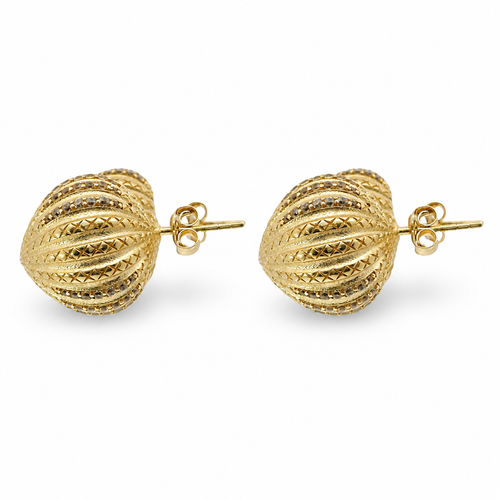 14KT Gold Earrings Medium Plain "X" Striped Acorn with White CZ Stones, Push Back Post, and Butterfly Backs