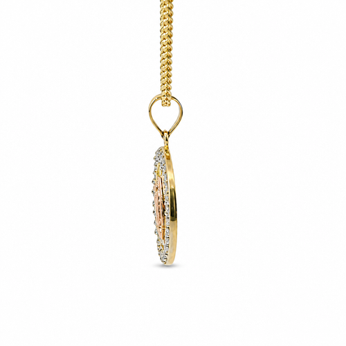 14KT Gold Charm Small Round Two Tone Virgin Mary Quinceanera "15 Anos" Coin with White CZ Stones Border and Plain Bell