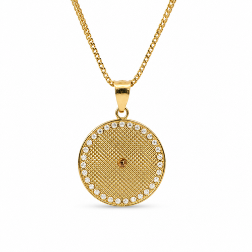 14KT Gold Charm Small Round Two Tone Virgin Mary Quinceanera "15 Anos" Coin with White CZ Stones Border and Plain Bell