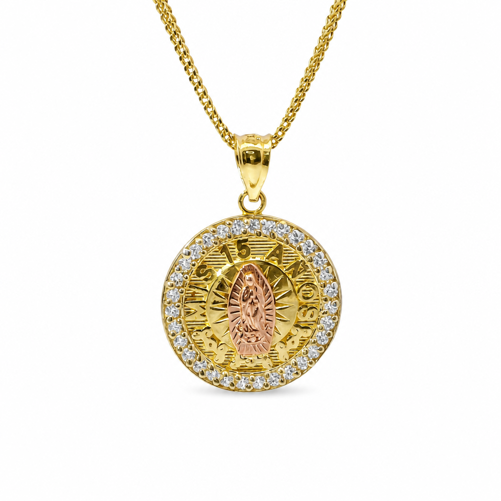 14KT Gold Charm Small Round Two Tone Virgin Mary Quinceanera "15 Anos" Coin with White CZ Stones Border and Plain Bell