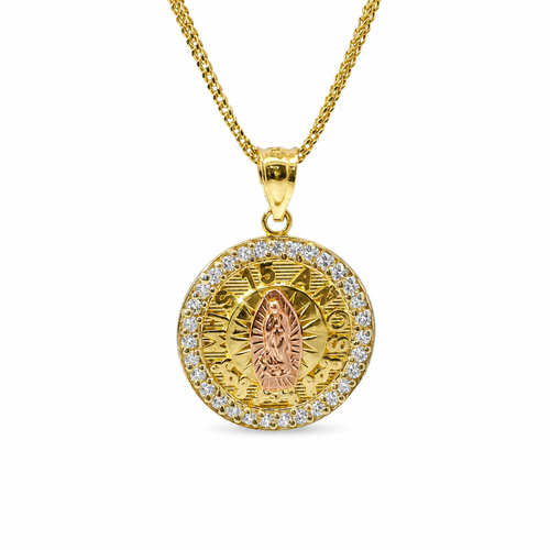 14KT Gold Charm Small Round Two Tone Virgin Mary Quinceanera "15 Anos" Coin with White CZ Stones Border and Plain Bell