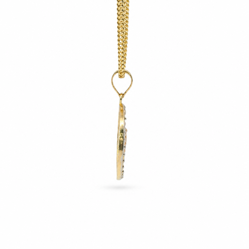 14KT Gold Charm Small Round Two Tone Virgin Mary Quinceanera "15 Anos" Coin with White CZ Stones Border and Plain Bell