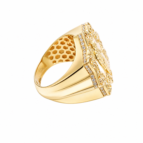14KT Gold Ring Men's St Jude Star of David with White CZ Stones Chino Link Border and Plain Band