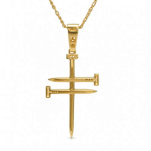 14KT Gold Charm Large Triple Nail Cross with White CZ Stones Nail Heads and Bell