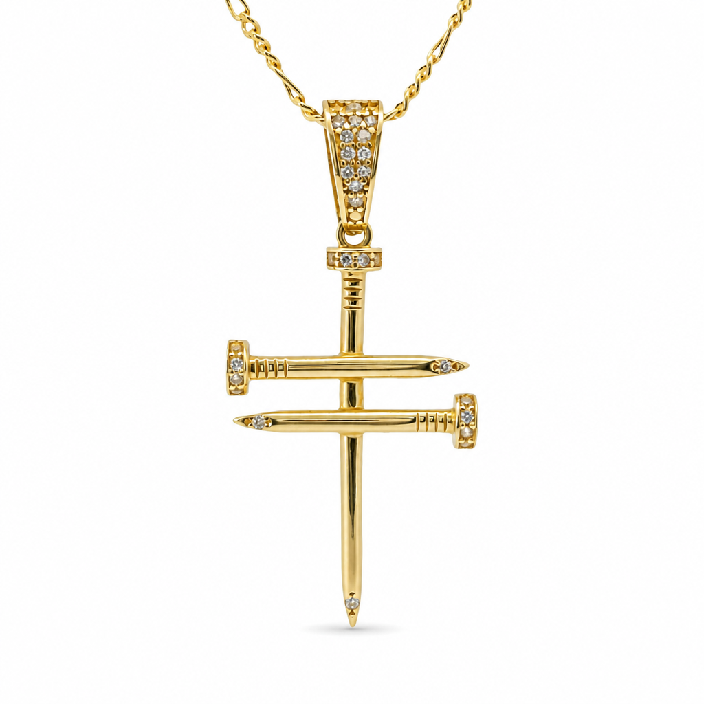 14KT Gold Charm Large Triple Nail Cross with White CZ Stones Nail Heads and Bell