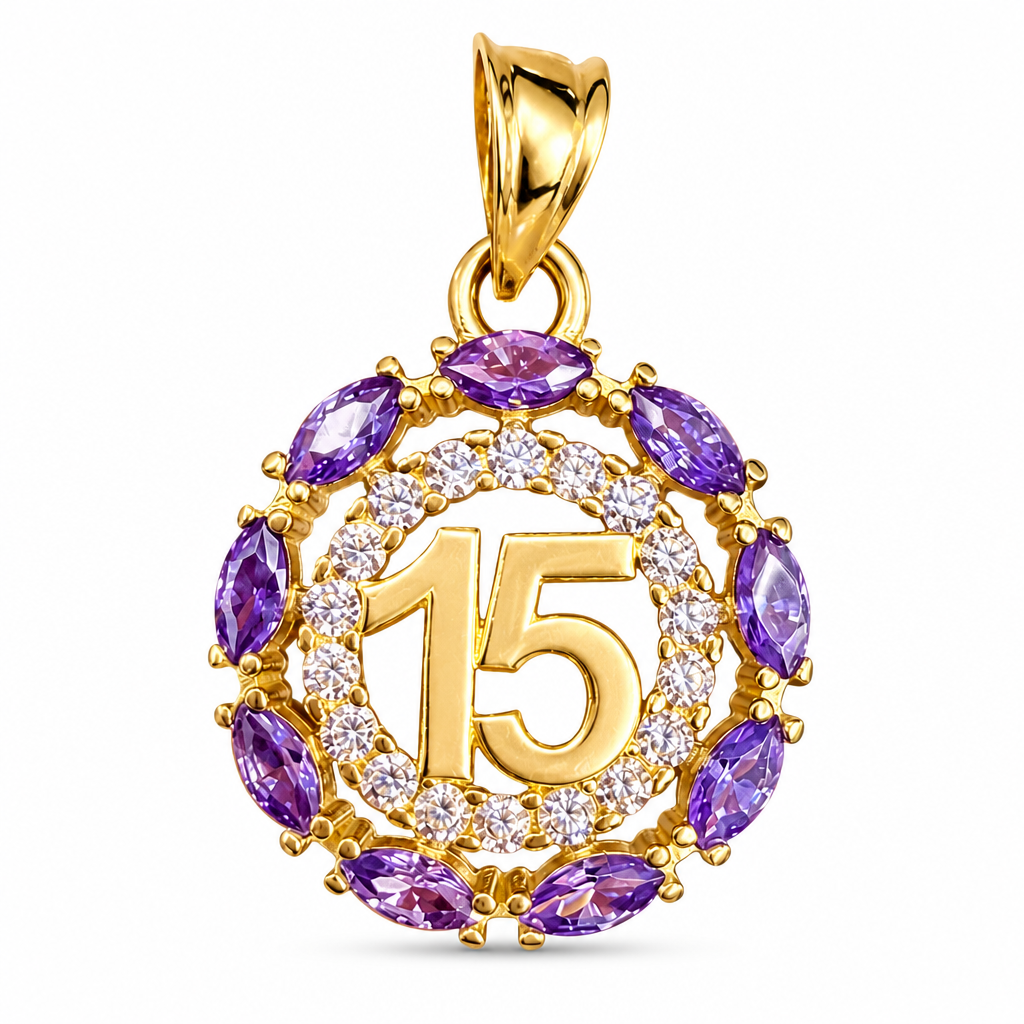 14KT Gold Charm Medium Round Quinceanera "15" Center with White CZ Stones Outline and Purple Marquise Border and Plain Bell