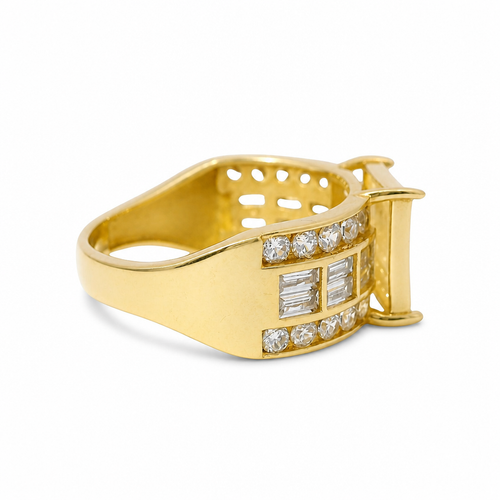14KT Gold Ring Women's Eight Prong Square Light Pink Clover Cluster CZ Stones with Plain Outline and White CZ Stones Border and Double Row Baguette Band Center with Round White CZ Borders