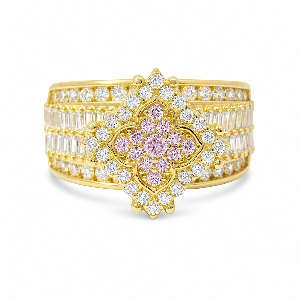 14KT Gold Ring Women's Eight Prong Square Light Pink Clover Cluster CZ Stones with Plain Outline and White CZ Stones Border and Double Row Baguette Band Center with Round White CZ Borders