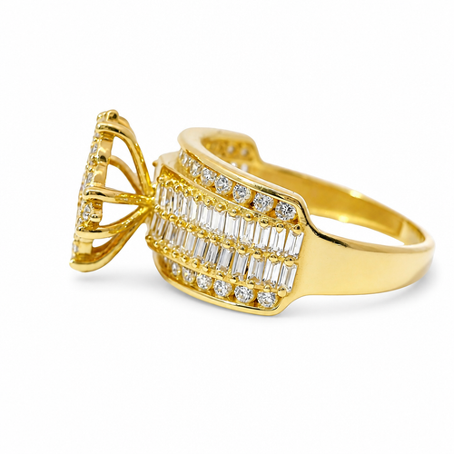 14KT Gold Ring Women's Eight Prong Square Light Pink Clover Cluster CZ Stones with Plain Outline and White CZ Stones Border and Double Row Baguette Band Center with Round White CZ Borders