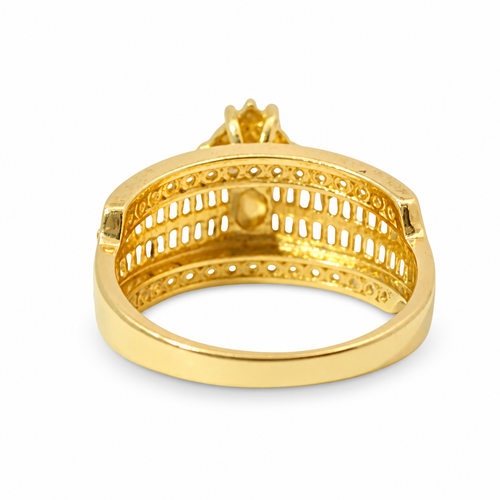 14KT Gold Ring Women's Eight Prong Square Light Pink Clover Cluster CZ Stones with Plain Outline and White CZ Stones Border and Double Row Baguette Band Center with Round White CZ Borders