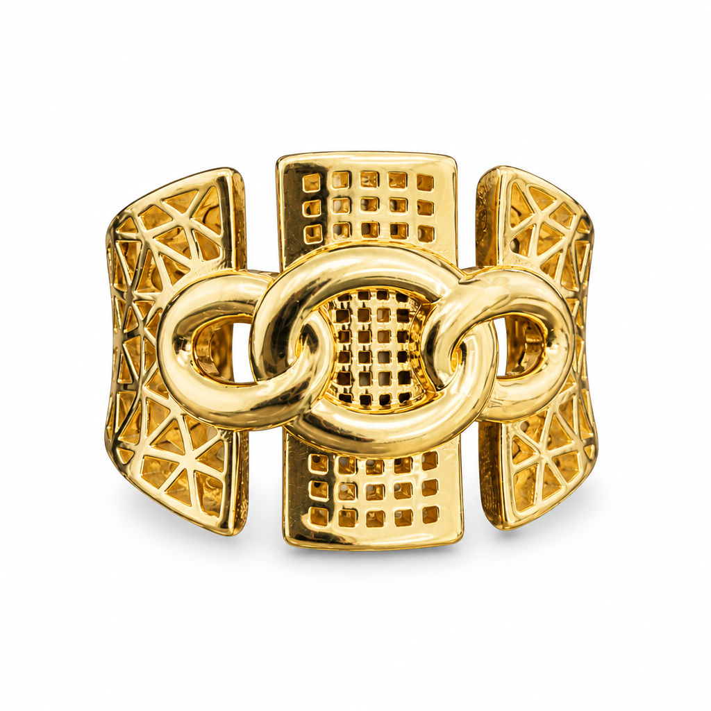 14KT Gold Ring Women's Abstract Three Section Split Band Raised Curb Link Center with Art Deco Lattice Cutout Design on Band