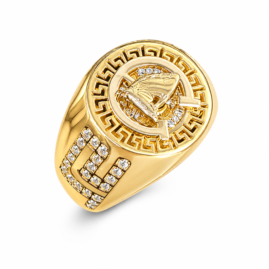 14KT Gold Ring Men's Round Raised Two Tone Horse Profile Center with White CZ Stones Background and Greek Cutout Border, Side Design is White CZ Stones Greek Print Band