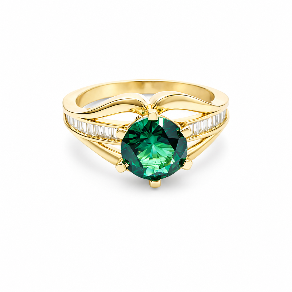 14KT Gold Ring Women's Dark Green Round 6 Prong Center CZ with White Baguette CZ Band and Plain Lips Border
