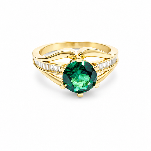 14KT Gold Ring Women's Dark Green Round 6 Prong Center CZ with White Baguette CZ Band and Plain Lips Border