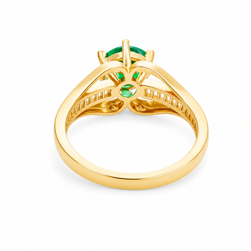 14KT Gold Ring Women's Dark Green Round 6 Prong Center CZ with White Baguette CZ Band and Plain Lips Border