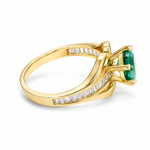 14KT Gold Ring Women's Dark Green Round 6 Prong Center CZ with White Baguette CZ Band and Plain Lips Border