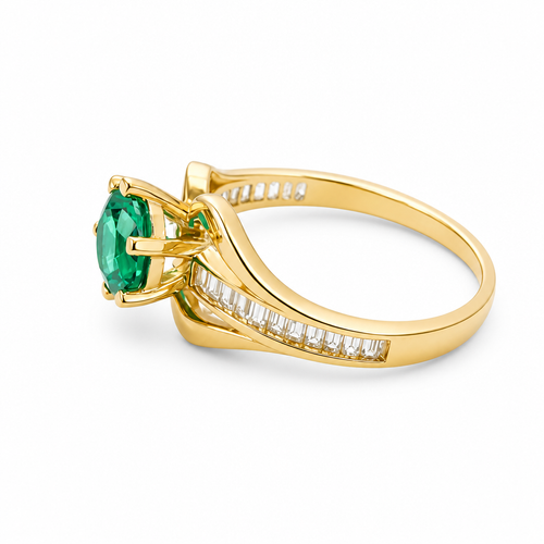 14KT Gold Ring Women's Dark Green Round 6 Prong Center CZ with White Baguette CZ Band and Plain Lips Border