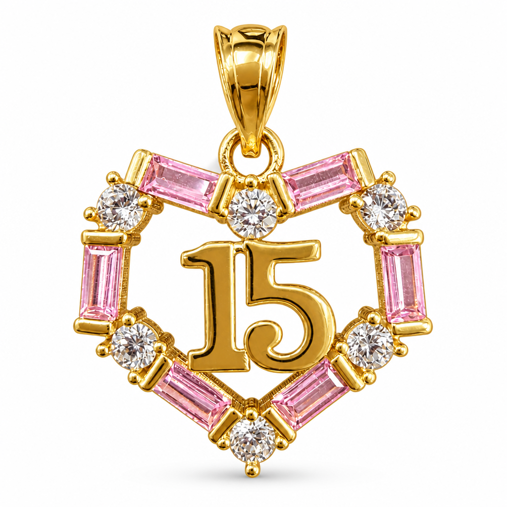 14KT Gold Charm Medium Quinceanera Open Heart with Light Pink Baguette and White Round CZ Stones Outline with Plain Bell