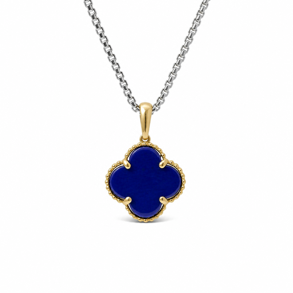 14KT Gold Charm Medium Navy Blue Clover with Plain Bell