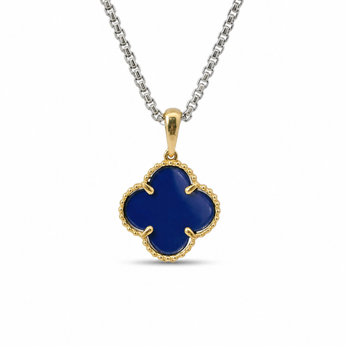 14KT Gold Charm Medium Navy Blue Clover with Plain Bell