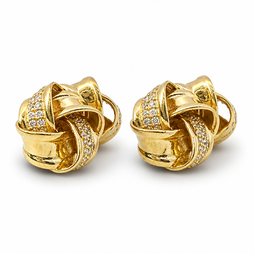 14KT Gold Earrings Medium Four Ribbon Strand White CZ Stones Pinwheel Knot with Plain Borders, Push Back Post, and Butterfly Backs