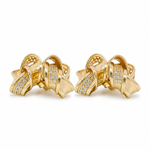 14KT Gold Earrings Medium Four Ribbon Strand White CZ Stones Pinwheel Knot with Plain Borders, Push Back Post, and Butterfly Backs