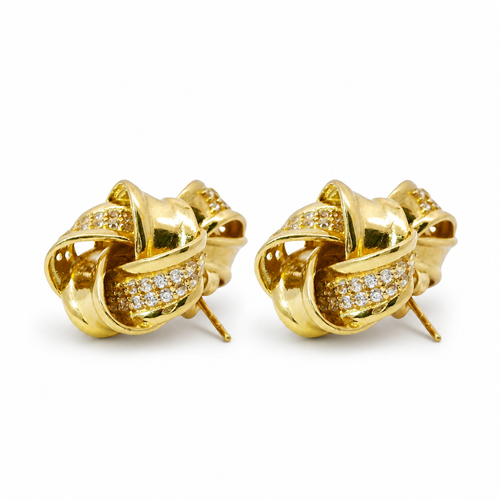 14KT Gold Earrings Medium Four Ribbon Strand White CZ Stones Pinwheel Knot with Plain Borders, Push Back Post, and Butterfly Backs