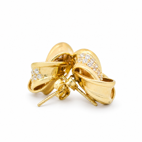 14KT Gold Earrings Medium Four Ribbon Strand White CZ Stones Pinwheel Knot with Plain Borders, Push Back Post, and Butterfly Backs