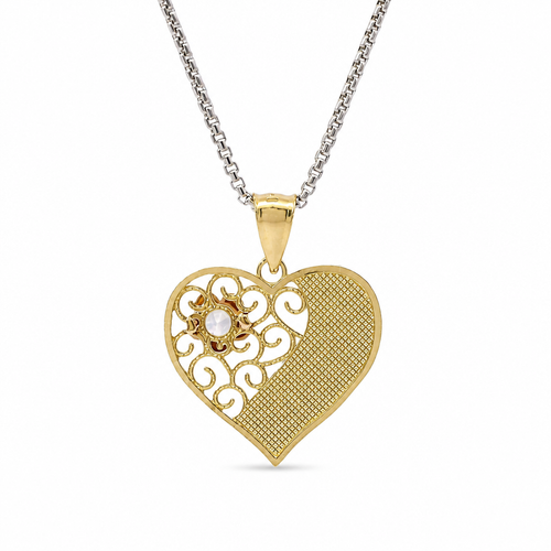 14KT Gold Charm Jumbo Tri Tone Flat "I Love You" Heart with White CZ Stone Right Side Flower and Plain Bell