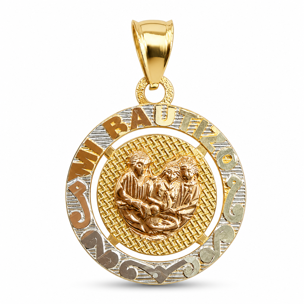 14KT Gold Charm Small Round Tri Tone Communion Center with "Mi Bautizo" White Gold Border and Plain Bell