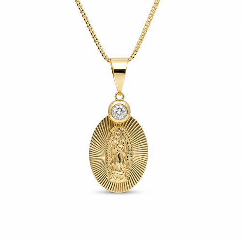 14KT Gold Charm Large Oval Virgin Mary Sunray Coin with White CZ Stone Top and Plain Bell