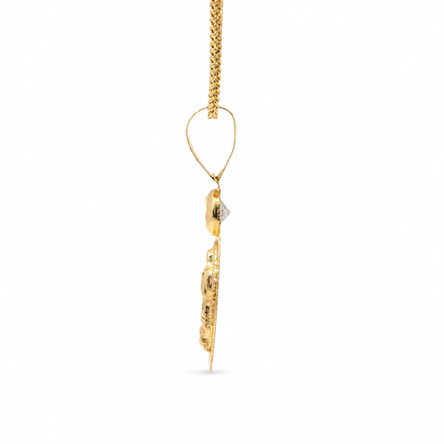 14KT Gold Charm Large Oval Virgin Mary Sunray Coin with White CZ Stone Top and Plain Bell