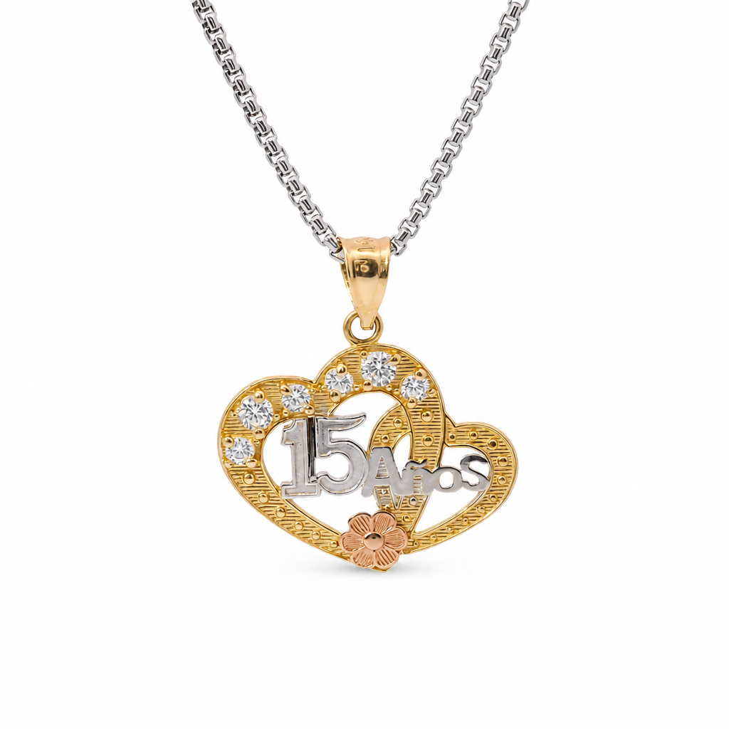 14KT Gold Charm Medium Quincenaera Tri Tone "15 Anos" Center of Two Open Hearts with White CZ Stones Top Border, Flower Base, and Plain Bell