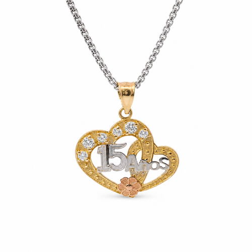 14KT Gold Charm Medium Quincenaera Tri Tone "15 Anos" Center of Two Open Hearts with White CZ Stones Top Border, Flower Base, and Plain Bell