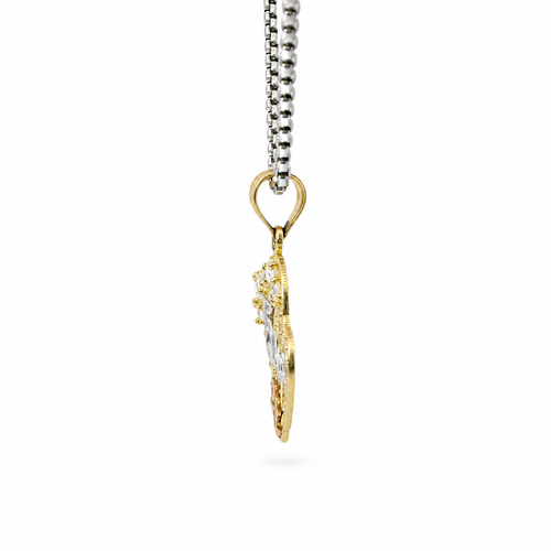 14KT Gold Charm Medium Quincenaera Tri Tone "15 Anos" Center of Two Open Hearts with White CZ Stones Top Border, Flower Base, and Plain Bell