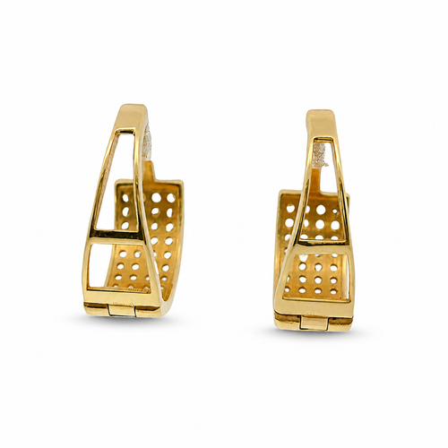 14KT Gold Earring Medium Two Double Row White CZ Stones Rectangle Pattern Huggie
