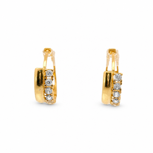 14KT Gold Earring Medium Two Double Row White CZ Stones Rectangle Pattern Huggie