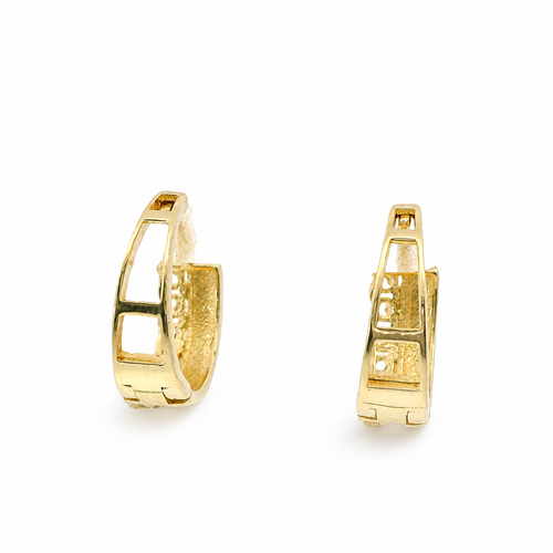 14KT Gold Earring Medium Two Double Row White CZ Stones Rectangle Pattern Huggie