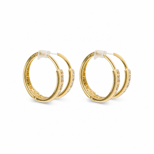 14KT Gold Earring Medium Two Double Row White CZ Stones Rectangle Pattern Huggie