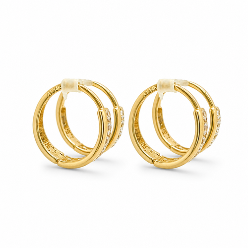 14KT Gold Earring Medium Two Double Row White CZ Stones Rectangle Pattern Huggie