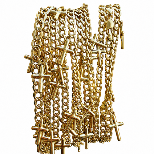 14KT Gold Hollow Curb Anklet with Puff Cross Charms 2.5mm