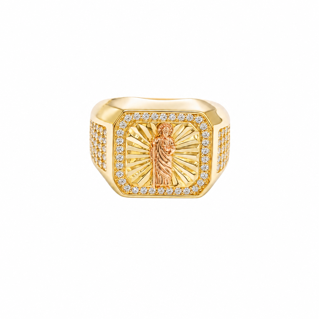 14KT Gold Ring Men's Square Two Tone St. Jude with Sunray Background White CZ Border and Five Rows of White CZ Stones on Each Side of the Ring