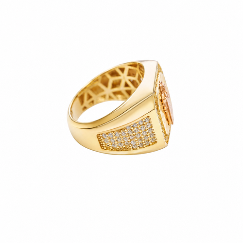 14KT Gold Ring Men's Square Two Tone St. Jude with Sunray Background White CZ Border and Five Rows of White CZ Stones on Each Side of the Ring