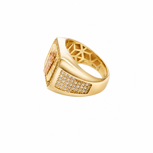 14KT Gold Ring Men's Square Two Tone St. Jude with Sunray Background White CZ Border and Five Rows of White CZ Stones on Each Side of the Ring