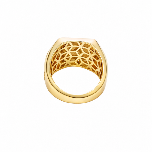 14KT Gold Ring Men's Square Two Tone St. Jude with Sunray Background White CZ Border and Five Rows of White CZ Stones on Each Side of the Ring