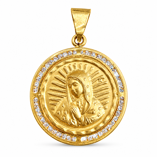 14KT Gold Charm Large Round Puff Sunray Virgin Mary Coin with White CZ Stones Border and Plain Bell