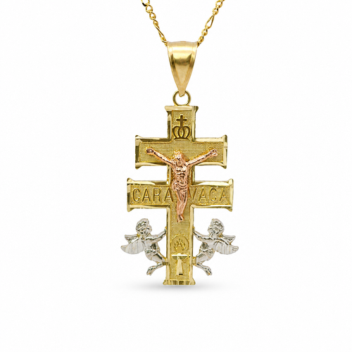 14KT Gold Charm Large Tri Tone Caravaca Crucifix Cross with Plain Bell