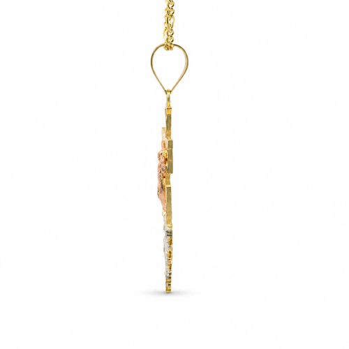 14KT Gold Charm Large Tri Tone Caravaca Crucifix Cross with Plain Bell